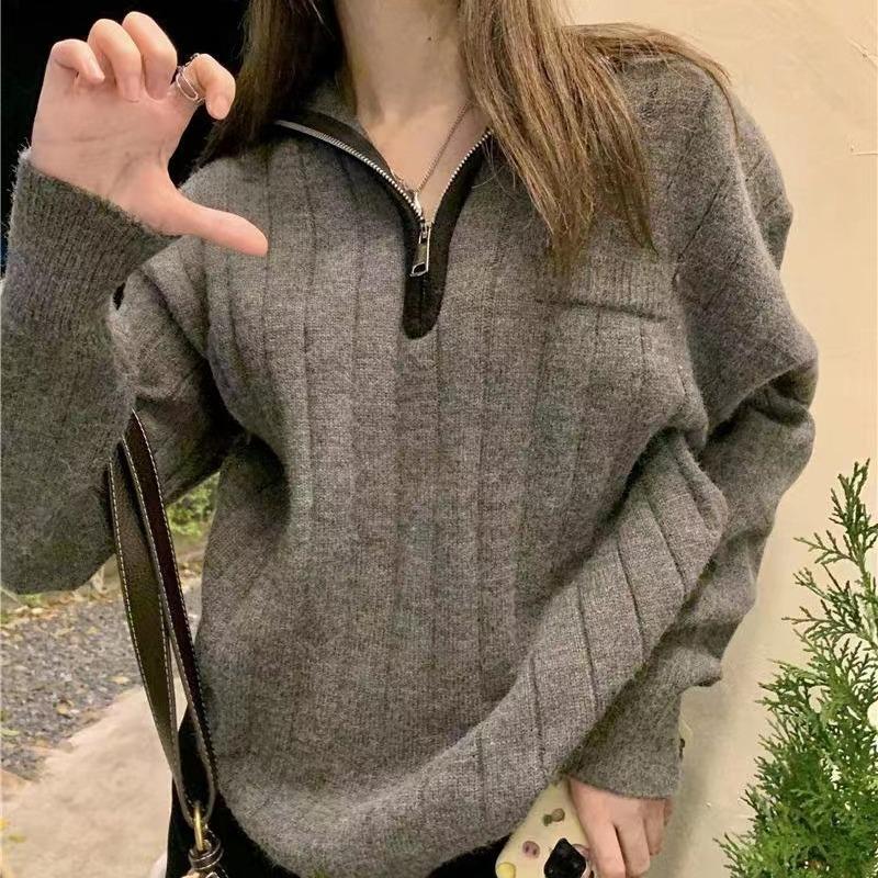 DAFIFY Women's Fashion Casual Fall Winter Solid Color Print Long Sleeve POLO Neck Sweaters