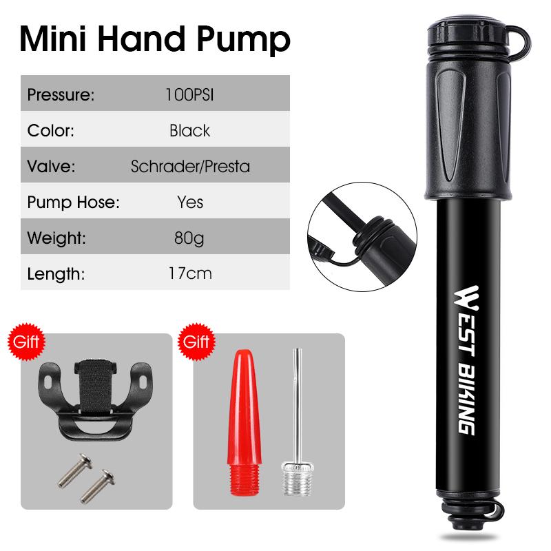 WEST BIKING Portable Bicycle Pump High Pressure With Hose MTB Road Bike Schrader Presta Valve Aluminum Alloy Cycling Inflator 100 PSI Black