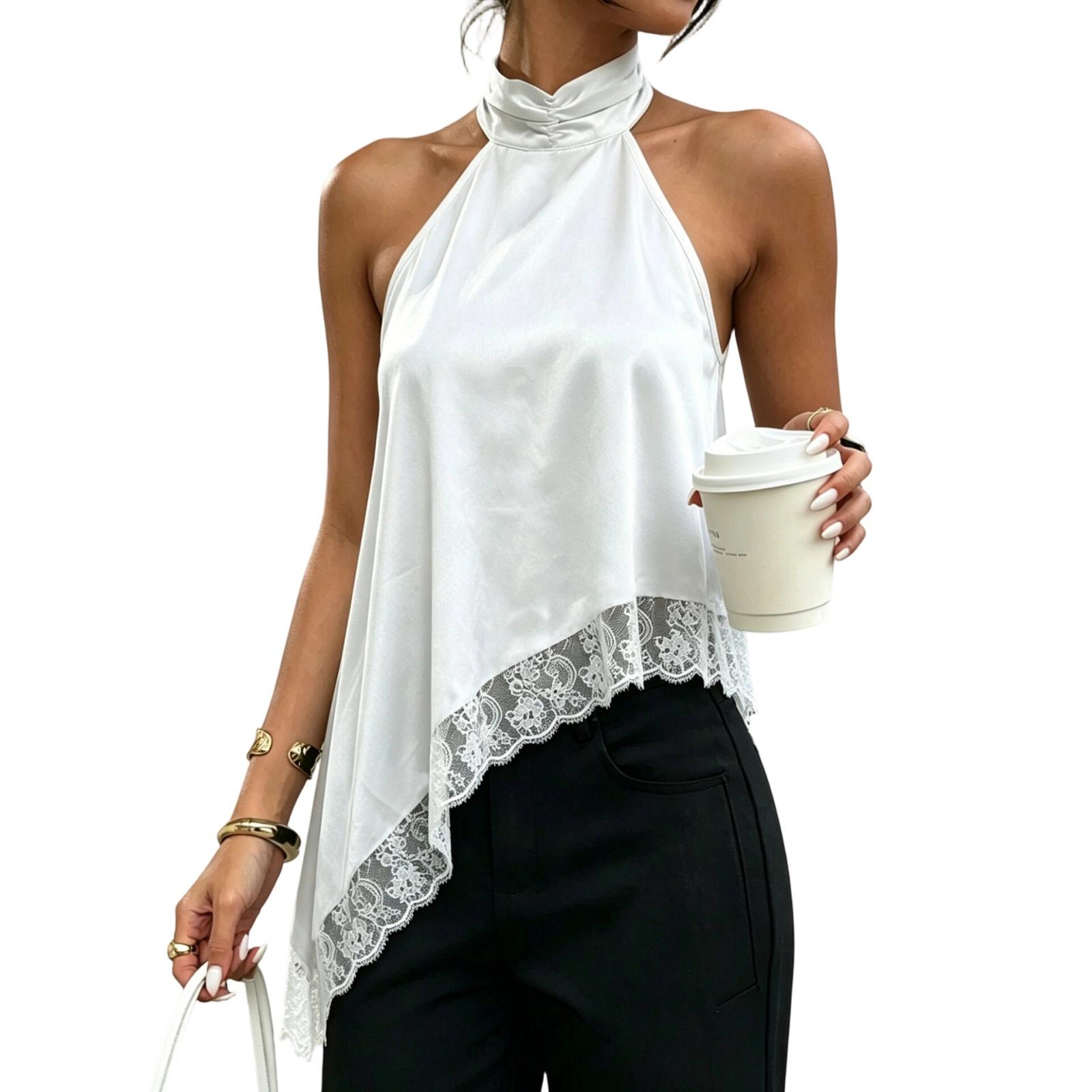 

Women s Satin Halter Neck Sleeveless Top with Lace Trim Asymmetric Hemline Lightweight Blouse for Casual and Formal Wear XL білий