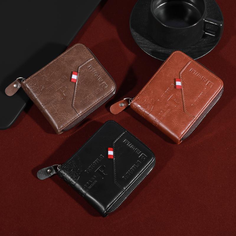 Men's Zipper Short Wallet, Multi-card Card Holder, PU Leather Bifold Wallet Money Clip With Coin Pocket, Gift For Men