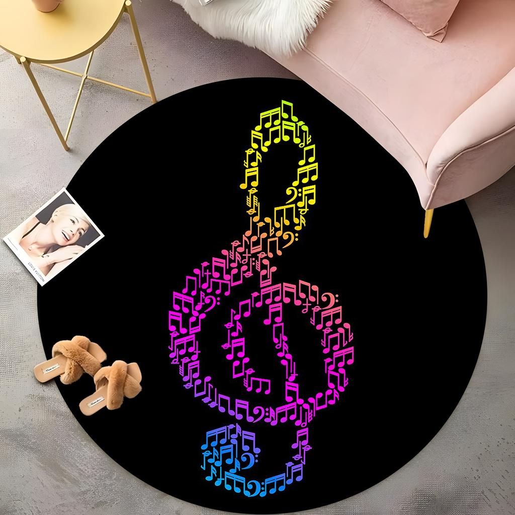 Regenbogen Violinschlüssel Runder Teppich - Bunte Musiknoten auf Schwarz, Moderner Bohemischer Wohnzimmerteppich, Rutschfeste Künstlerische Bodenmatte