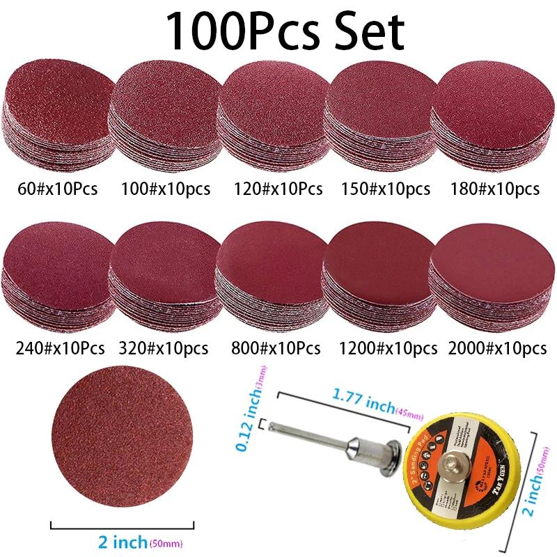 50-100-teiliges Set, 2-Zoll-Schleifscheiben-Pad-Kit für Bohrer, Schleifmaschinen, Rotationswerkzeuge mit Trägerplatte, inklusive Schleifpapier der Körnung 60-2000