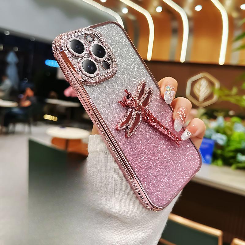 Applicable To Apple 16 Dragonfly Bracket Mobile Case Rhinestone IPhone 15 Glitter Powder 14proMax Anti-fall Protector XR