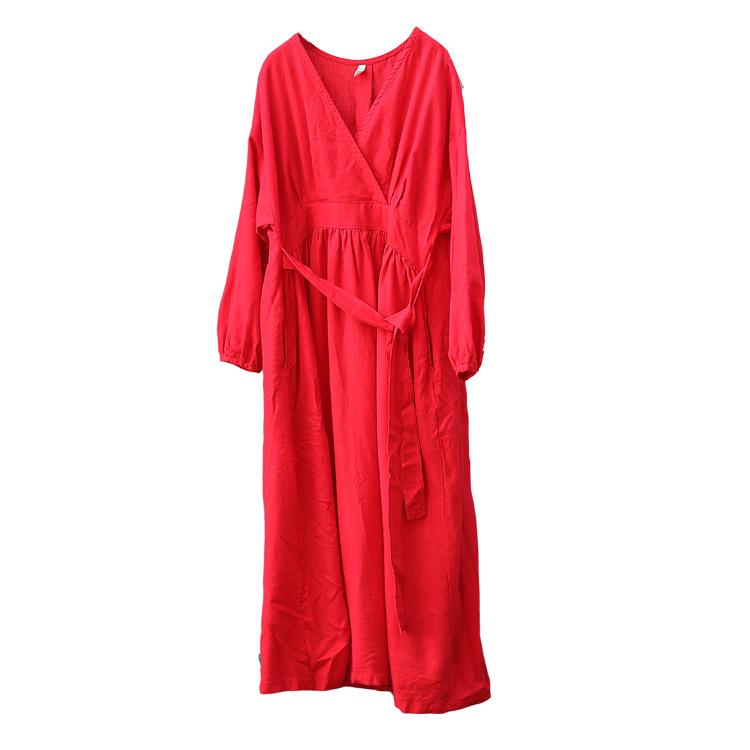 Women's Washed Bamboo Linen Chinese-Style Dress with Waist Seal, Available In 3 Colors