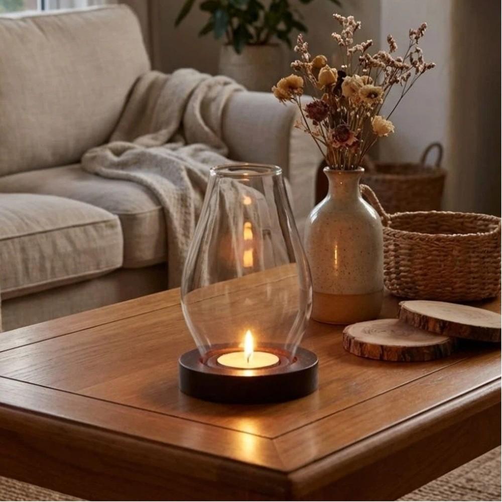Base in Legno Massello Portacandele in Vetro Lampada per Incenso Trasparente Ambiente Interno