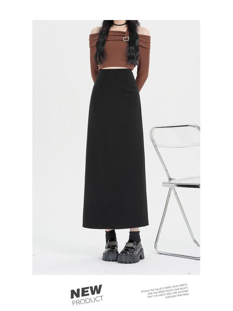 Women's Cashmere Wool Blend Midi Skirt - 2025 Autumn/Winter, Hip-Hugging A-Line with Back Vent
