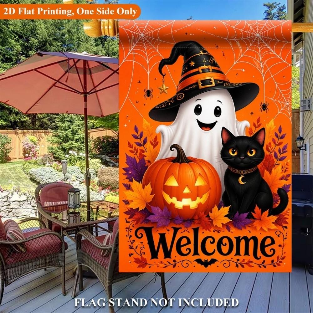 Ghost Welcome Garden Flag Witch Cat Background Cloth Garden Art Halloween Flag Outdoor