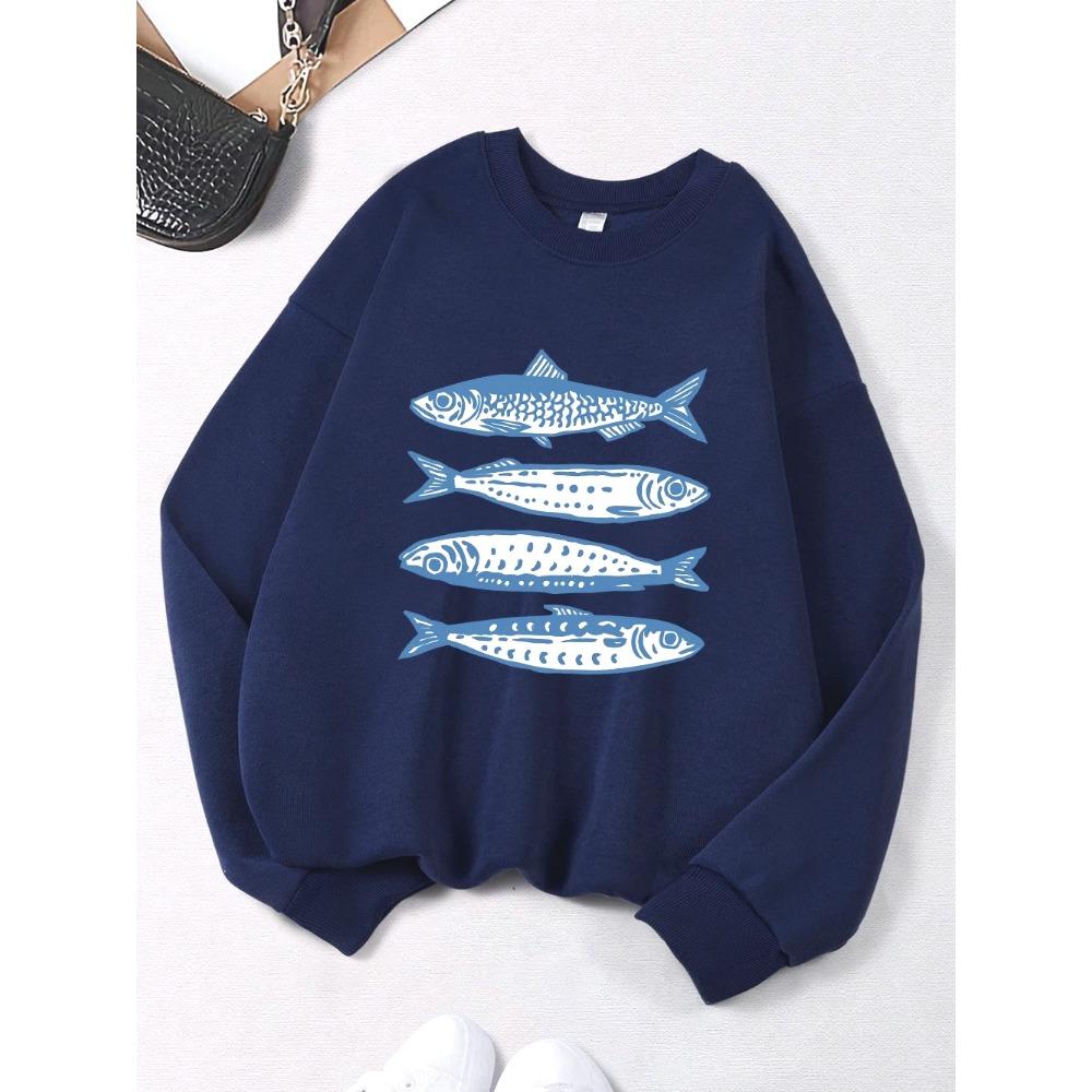 Sardines Blue Printing Sweatshirts Women Crewneck Sporty Hoodies Loose Fleece Warm Pullovers Autumn Comfortable Womans Clothes