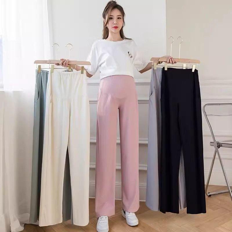 Korean-Style Breathable Summer Maternity Wide-Leg Pants with Adjustable Belly Support