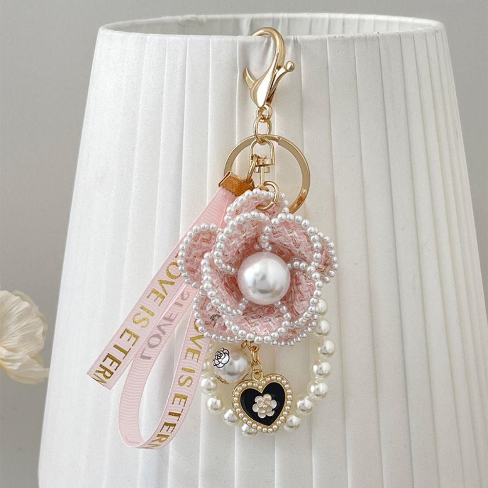 Korean Camellia Flower Keychain Letter Bag Hanging Pendant Pearl Flower Keyring  Birthday Gift