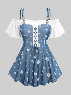 Rosegal Plus Size Daisy Flower Print Ruffles Grommet Lace Up Cold Shoulder T-shirt