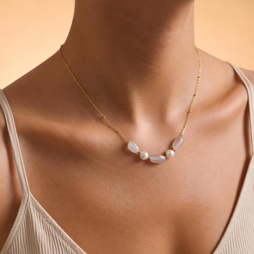 Luxurious European-Style Natural Stone & Pearl Necklace with Gold-Plated Stainless Steel Layered Design for Women