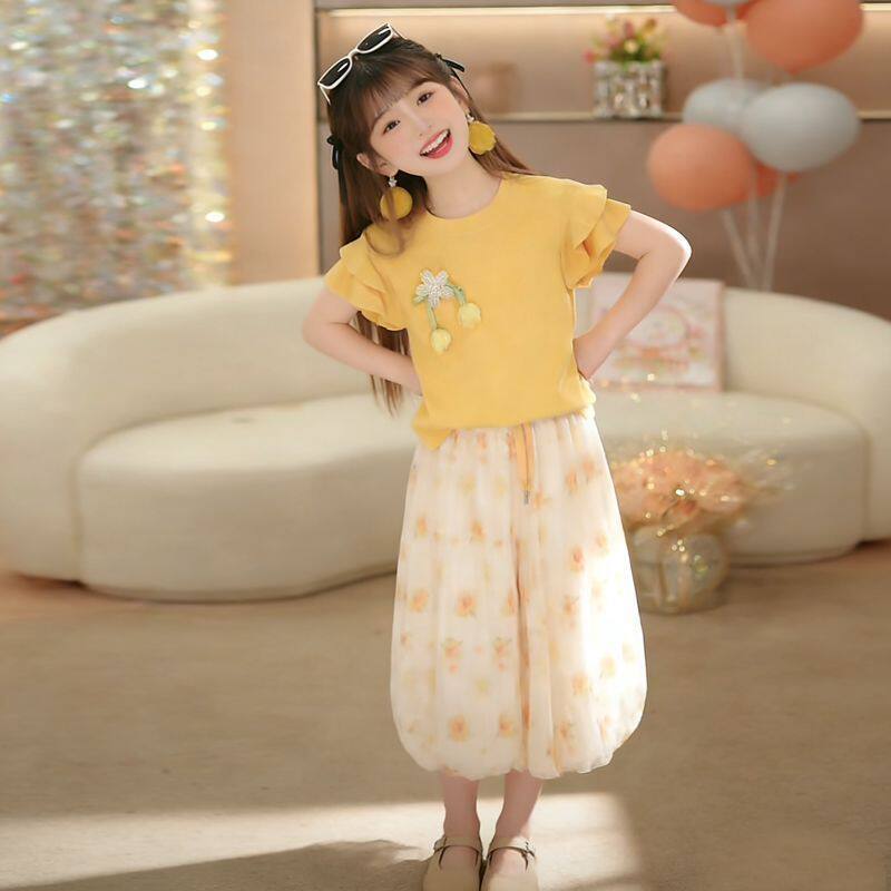 Girls Summer Fashion 2 Piece Set Floral Flutter Sleeve Tee And Bud Pants Outfit For Big Kids 120