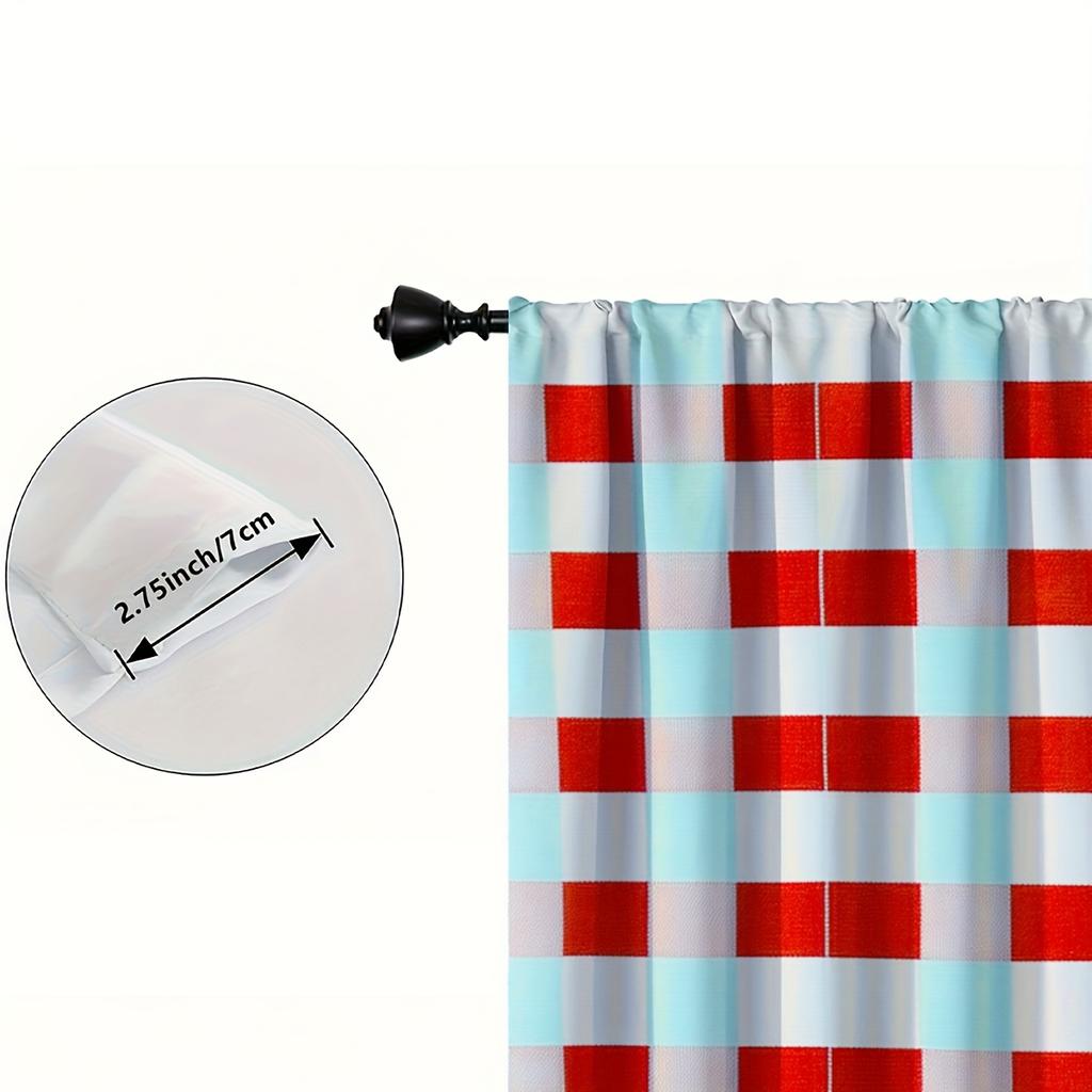 Set Of 2 Classic Curtains Red White Checkered Pattern Fresh Light Blue Background Clean Lines Refined Quality Curtain Polyester