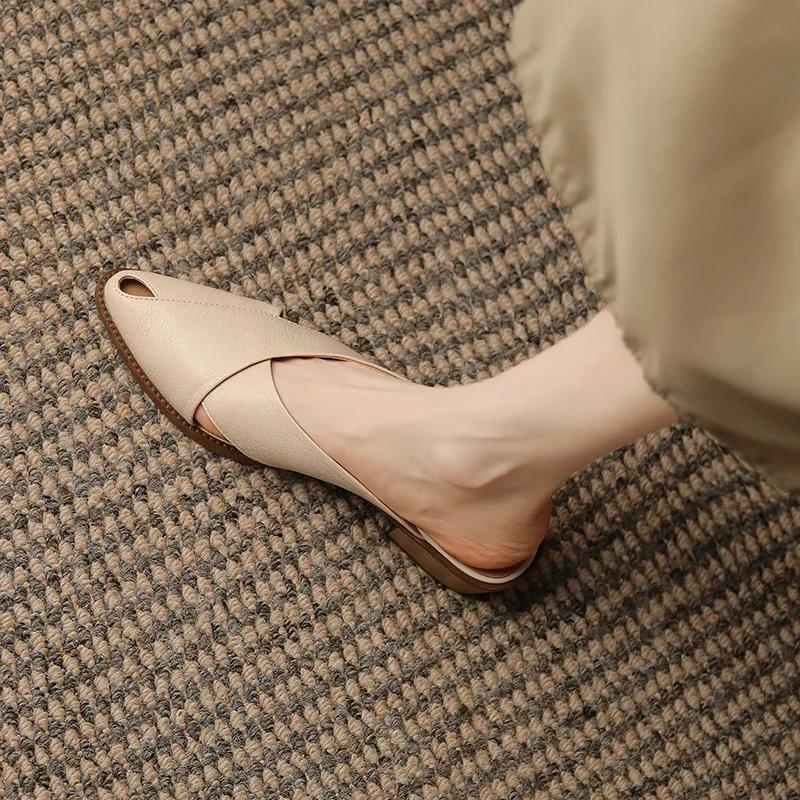 Fashion 2024 Summer Slippers Women Genuine Leather Shoes for Women Pointed Toe Chunky Heel Mules Sandals Women Hollow Out Ladies Shoes