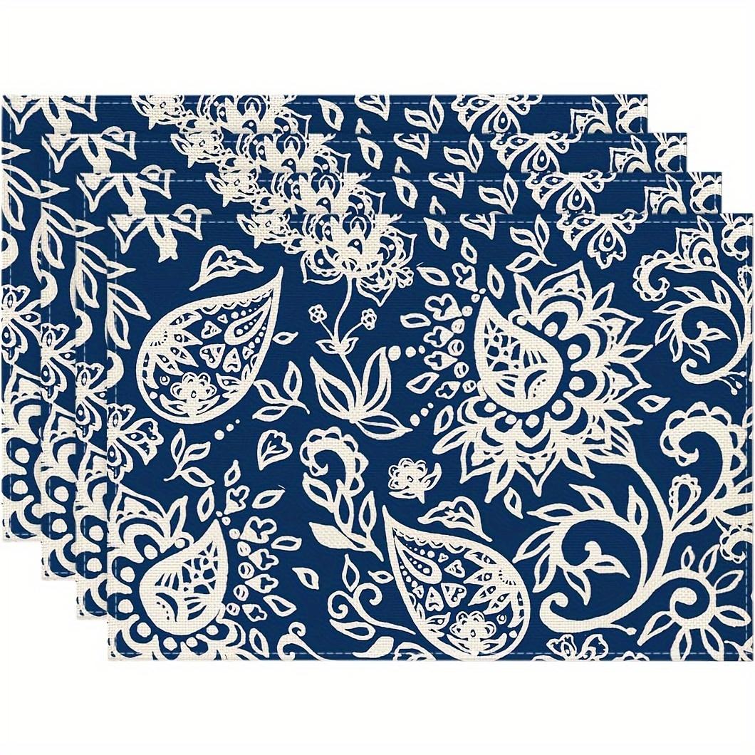 4pc- Blue Floral Paisley Placemats – Navy & White Design, 12x18in, Woven Linen, Machine Washable, Spring Kitchen & Dining Decor 30x45cm-4PC