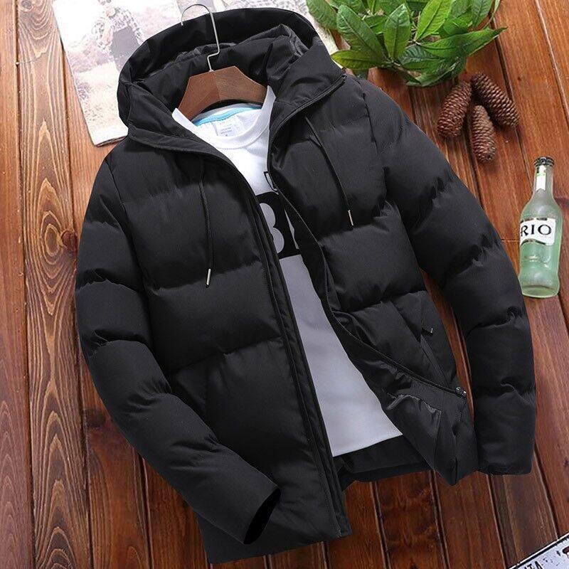 Men's Plus Size Hooded Cotton Jacket - Autumn/Winter Casual Zipper Outerwear, Solid Color, Thick Padded