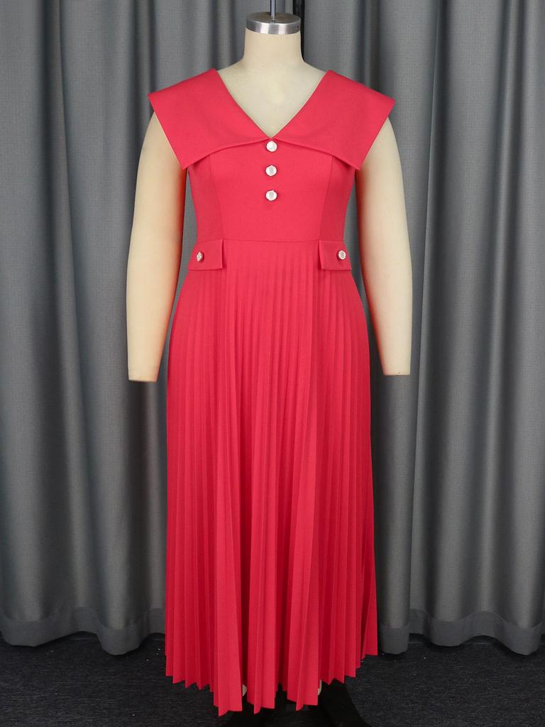 AOMEI Rote Plisseekleider Ärmellos V-Ausschnitt Hohe Taille A-Linie Drapped Damen Casual Party Kleider