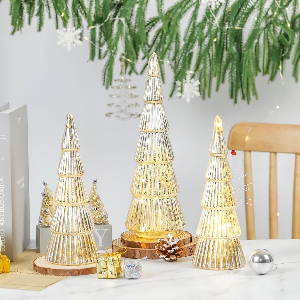 3 Pcs Gold Mercury Glass Christmas Tree with Lights – Tabletop Holiday Decor