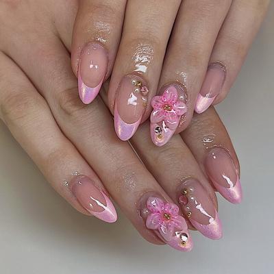 3D Pink Flower Manicure Nail Piece Short Almond Nail Fake Nail French Pearl Peach Powder Wearing Nail Piece