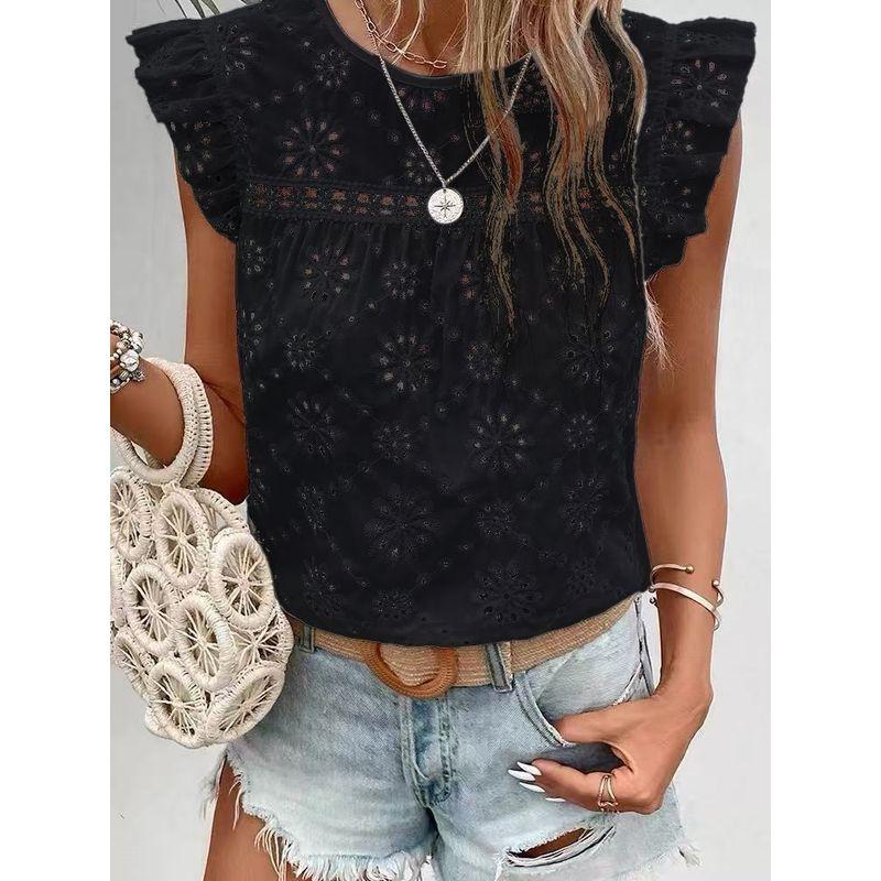Small Sweet Summer New Western Style round Neck Crochet Hollow White Flying Sleeves Short sleeve Shirts Top Women