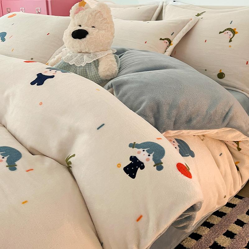 Cartoon Thickened Milk Fleece Coral Fleece Bed Four-Piece Set Fleece Flannel Quilt Cover Children'S Bed Single Three-Piece Set