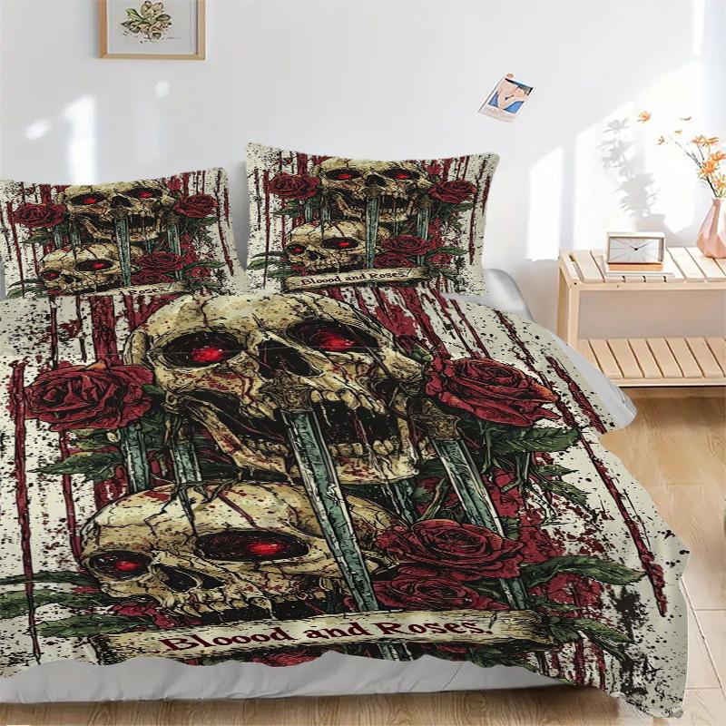 Set de așternut Anime Craniu Sânge și Trandafiri 3 buc - Include O Husă de Plapumă și Două Fețe de Pernă (Fara Core) - Decorațiuni Interioare Gotice pentru Dormitor și Gu