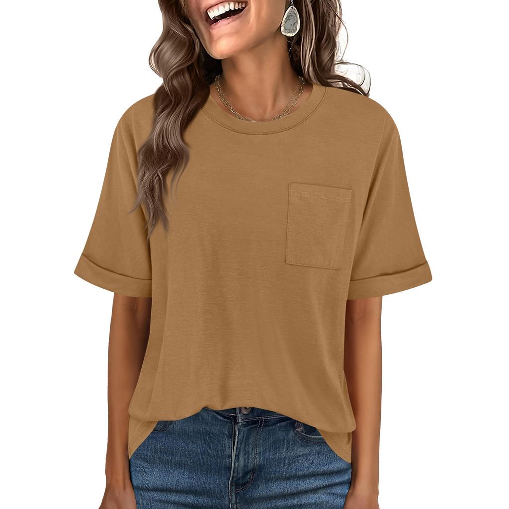 Women Casual Loose Fit Crew Neck Short Sleeve T Shirt with Pocket Comfortable Relaxed Style Lightweight Top for Daily Wear