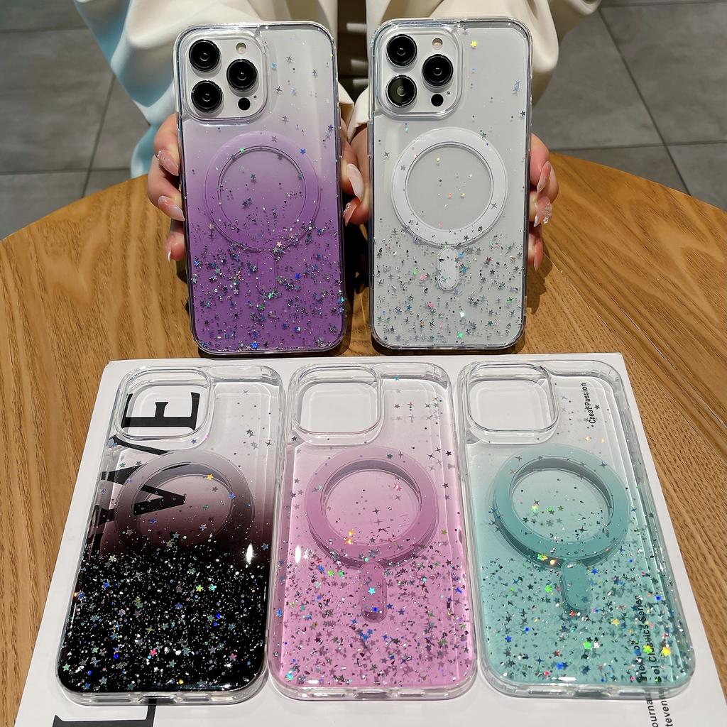 Epoxy Magnetic Suction Apple 14 Mobile Phone Case, Suitable for IP15Promax/13/12 Glitter Gradual Change Wireless Charging Protection