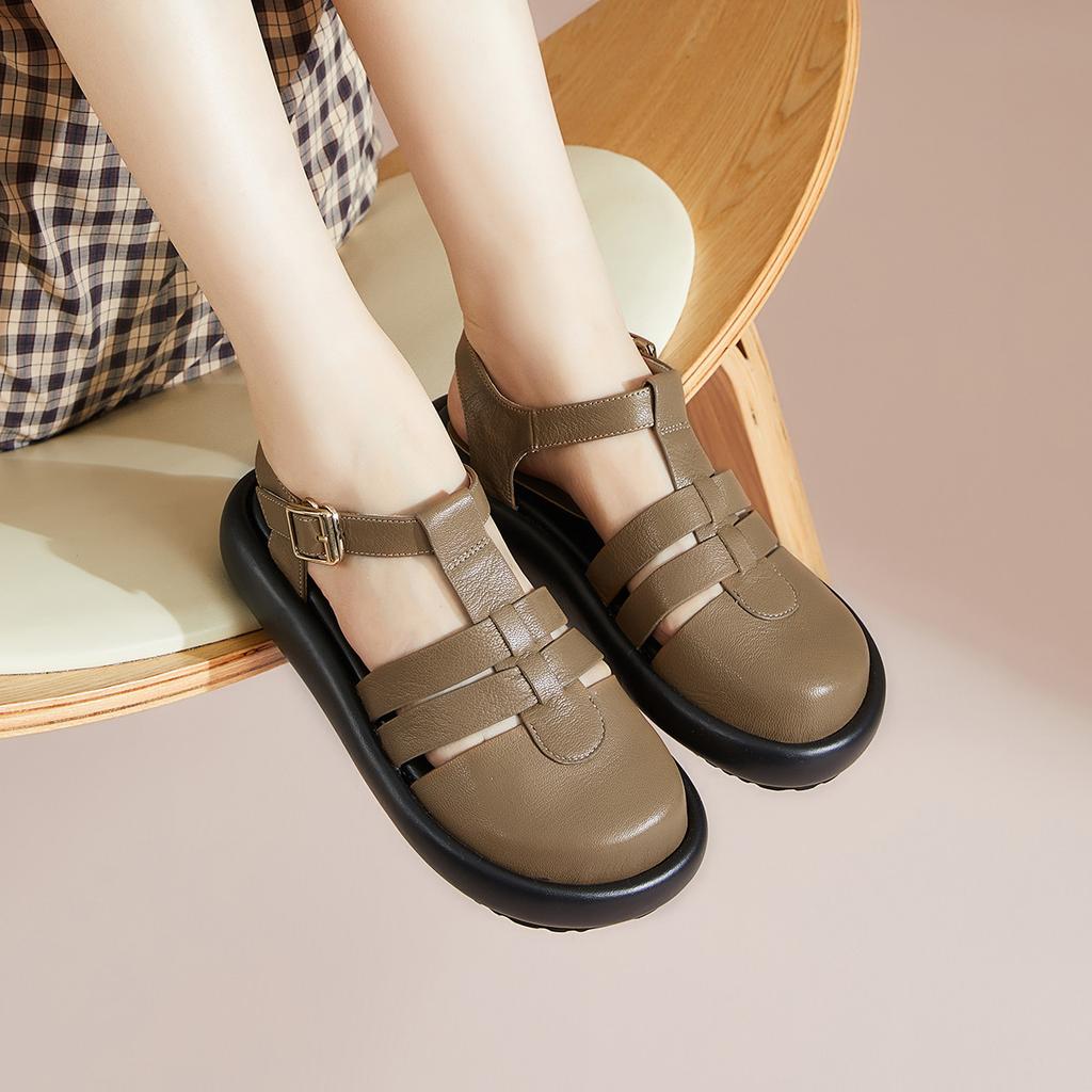 Sheepskin sandals for women, summer round toe toe, thick soled leather woven back hollow casual Roman sandals, pigsty shoes for women