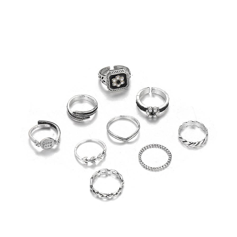 Retro Personality Point Small Pearl English Good Luck Feather Chain Hollow Opening 9 Pieces Set Ring