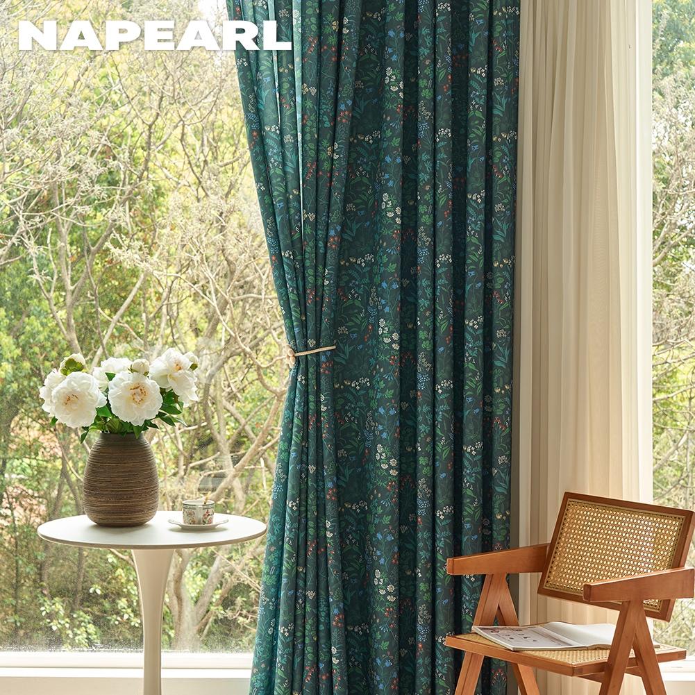 1PC NAPEARL French Retro Dark Green Floral Curtains, Printed Thick Blackout Curtains for Living Room Bedroom Window Home Decor