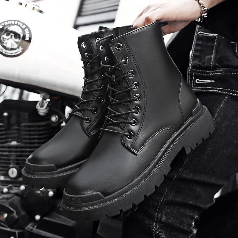 Black Men's Casual Leather Boots Fashion Winter Men Work Boot Mens Shoes Non-slip Designer High Top Ankle Boots Motorcycle Shoes