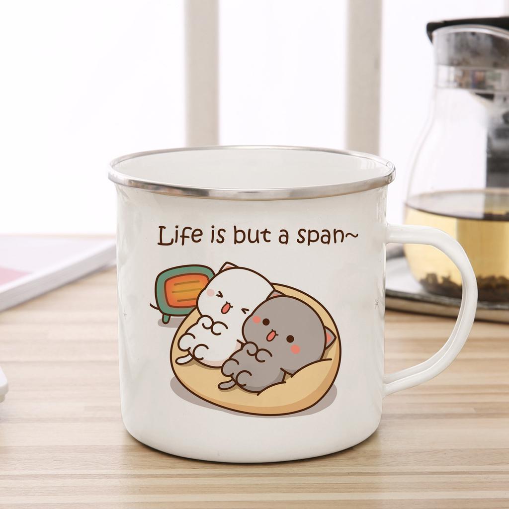 New Peach and Goma Cat Enamel Coffee Tea Cup Cute Animal Breakfast Dessert Milk Water Cup Couple Gift Original Breakfast Cups