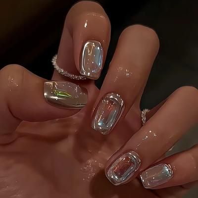 Uñas Postizas Cuadradas Medias con Brillo Uñas Postizas de Gel Reutilizables Brillantes Acrílicas con Pedrería Uñas Adhesivas Uñas de Cobertura Completa para Mujeres