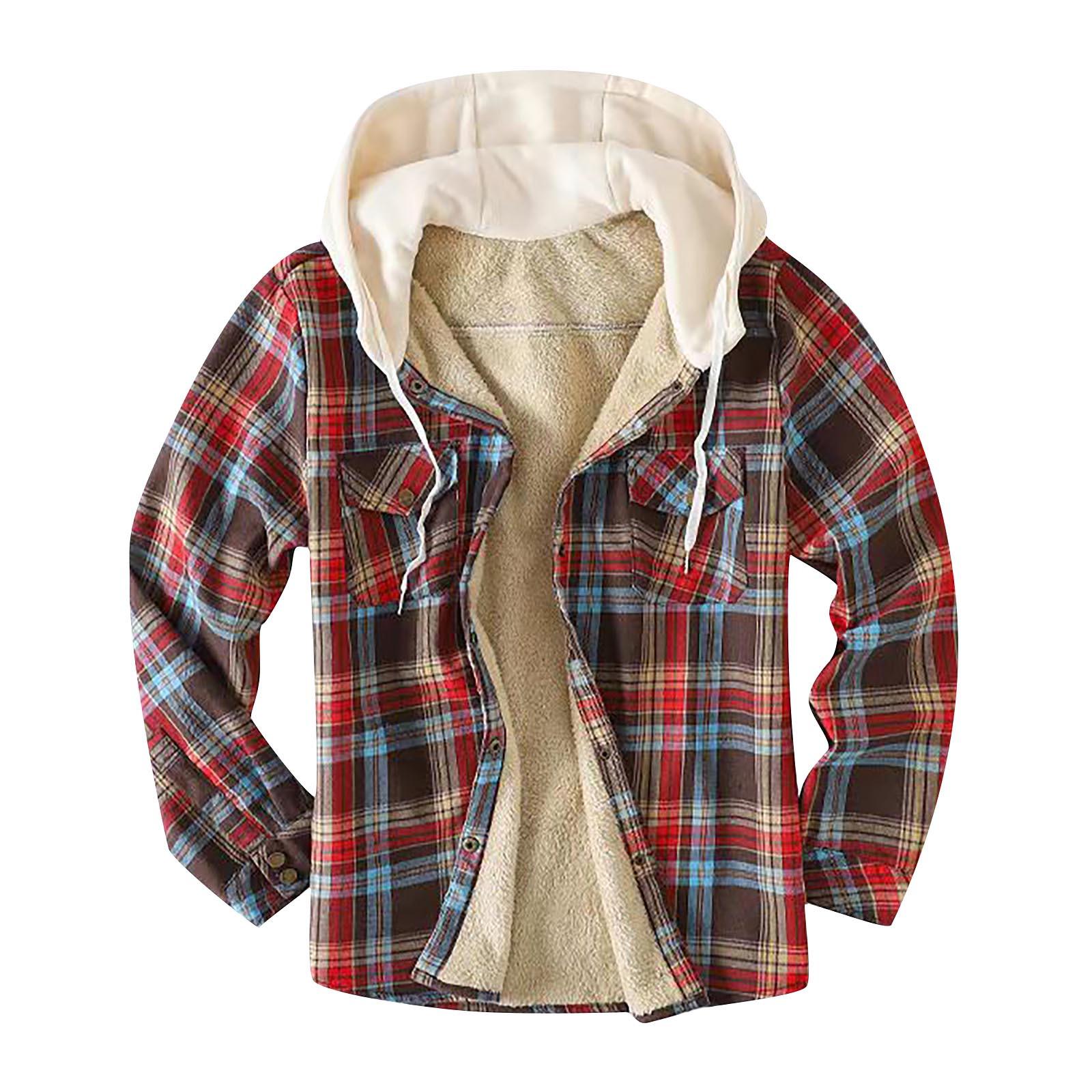 

Мужская клетчатая рубашка на стеганой подкладке на пуговицах с бархатной теплой курткой с капюшоном(Непозиционная печать) L красный