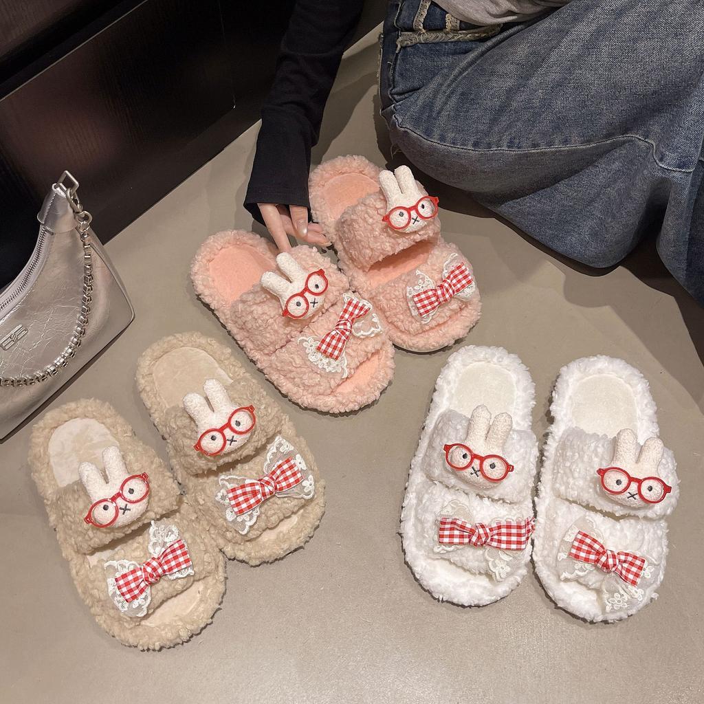 Cute cartoon fluffy slippers women's 2025 autumn and winter new outer wear non-slip fluffy warm character cotton mop