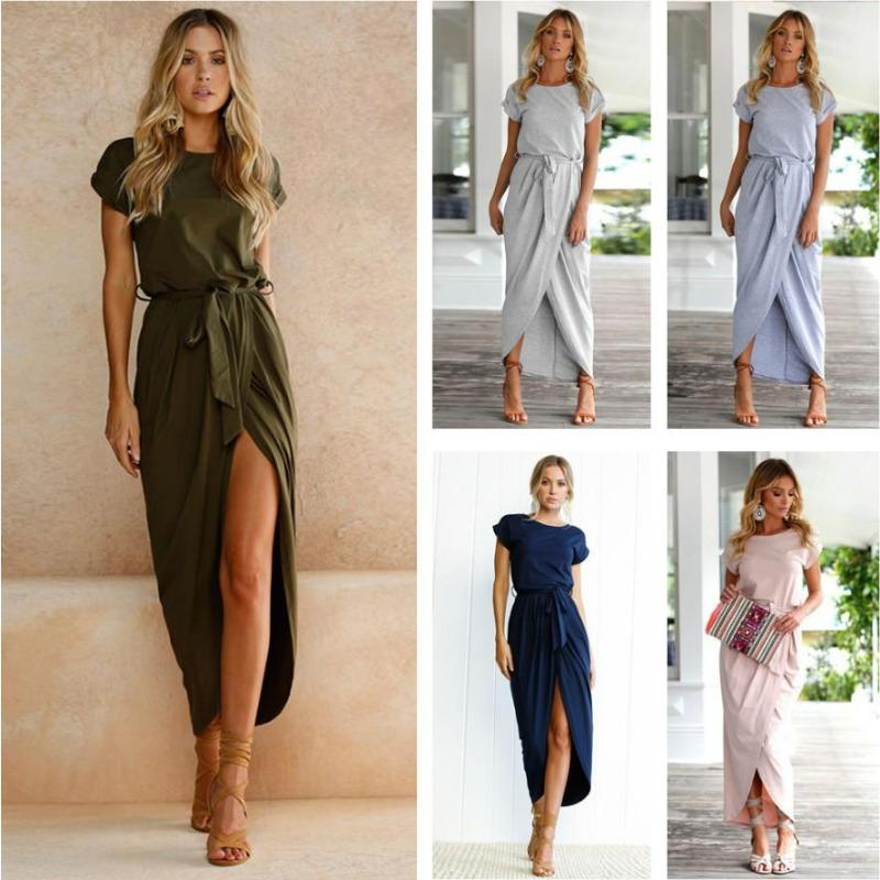 Women's Short Sleeve Wrap Maxi Dress Round Neck Tie Waist Asymmetrical Casual Long Dress