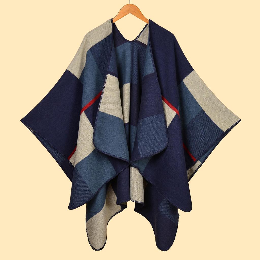 Versatile Plaid Women's Faux Cashmere Shawl: Ethnic Style Slit Cape for Autumn/Winter