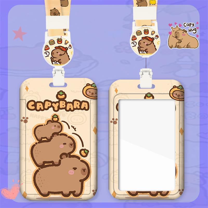 Capybara Cartoon Card Holder With Easy Pull Clip Retractable Neck Lanyard Student Card Work Card Traffic Card Holder