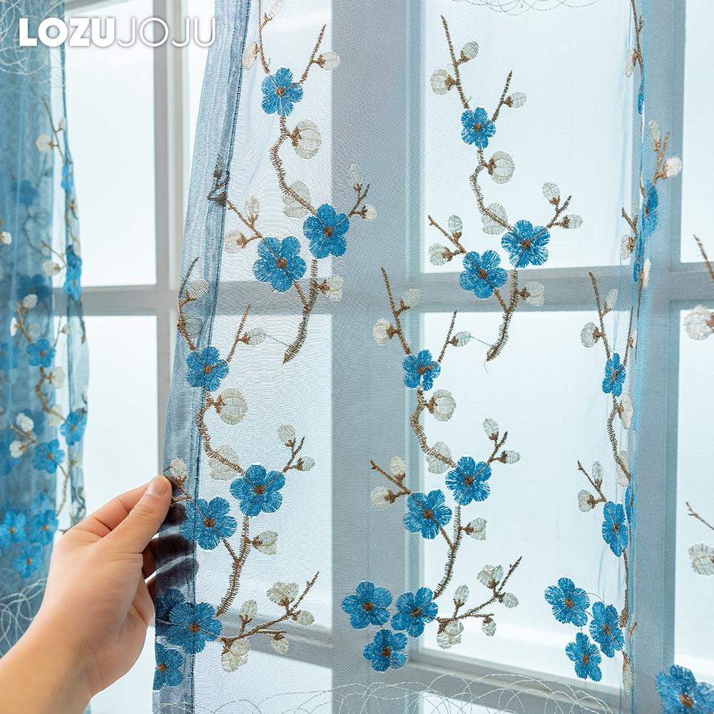 1PC LOZUJOJU European Retro Embroidered Sheer Curtain, Plum Blossom Pattern Transparent Curtain for Living Room Bedroom Balcony Window Home Decor
