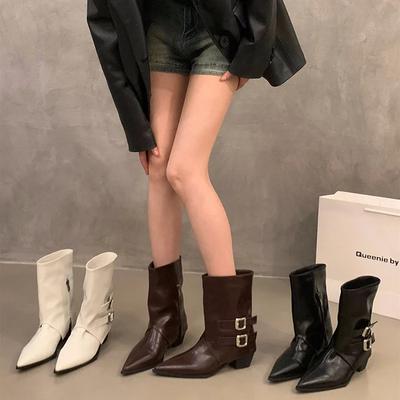 Autumn Winter Women Ankle Boots Fashion Elegant Belt Buckle Pointed Toe Shoes Low Heel Laides Slim Short Booties