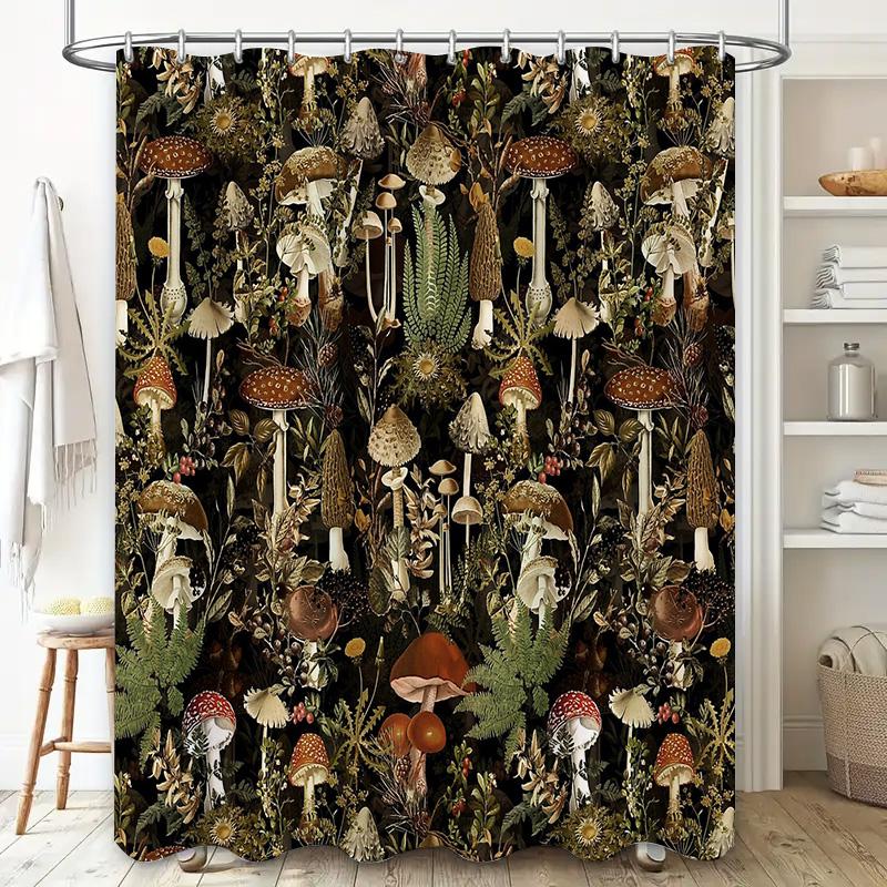 Mushroom Forest Shower Curtain Botanical Nature Decor Woodland Cottagecore Home Decor Bathroom Set Vintage Floral Artistic Wall