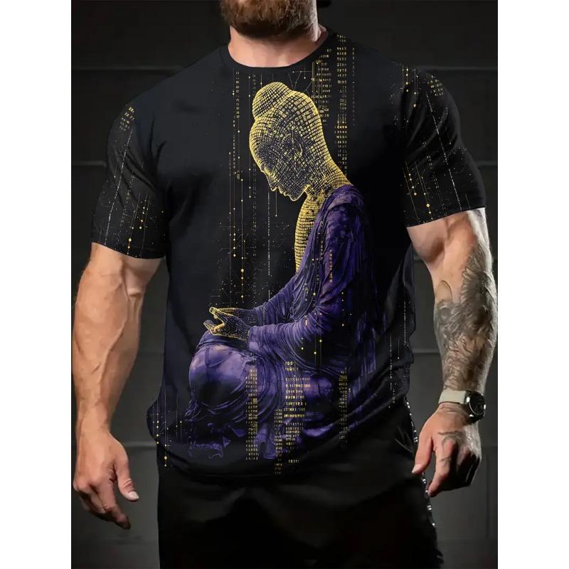 Large Men's Buddha Pattern 3D Printed Men's Round Neck Short Sleeved T-shirt Summer Fashion T-shirt Casual Comfortable Versatile Top