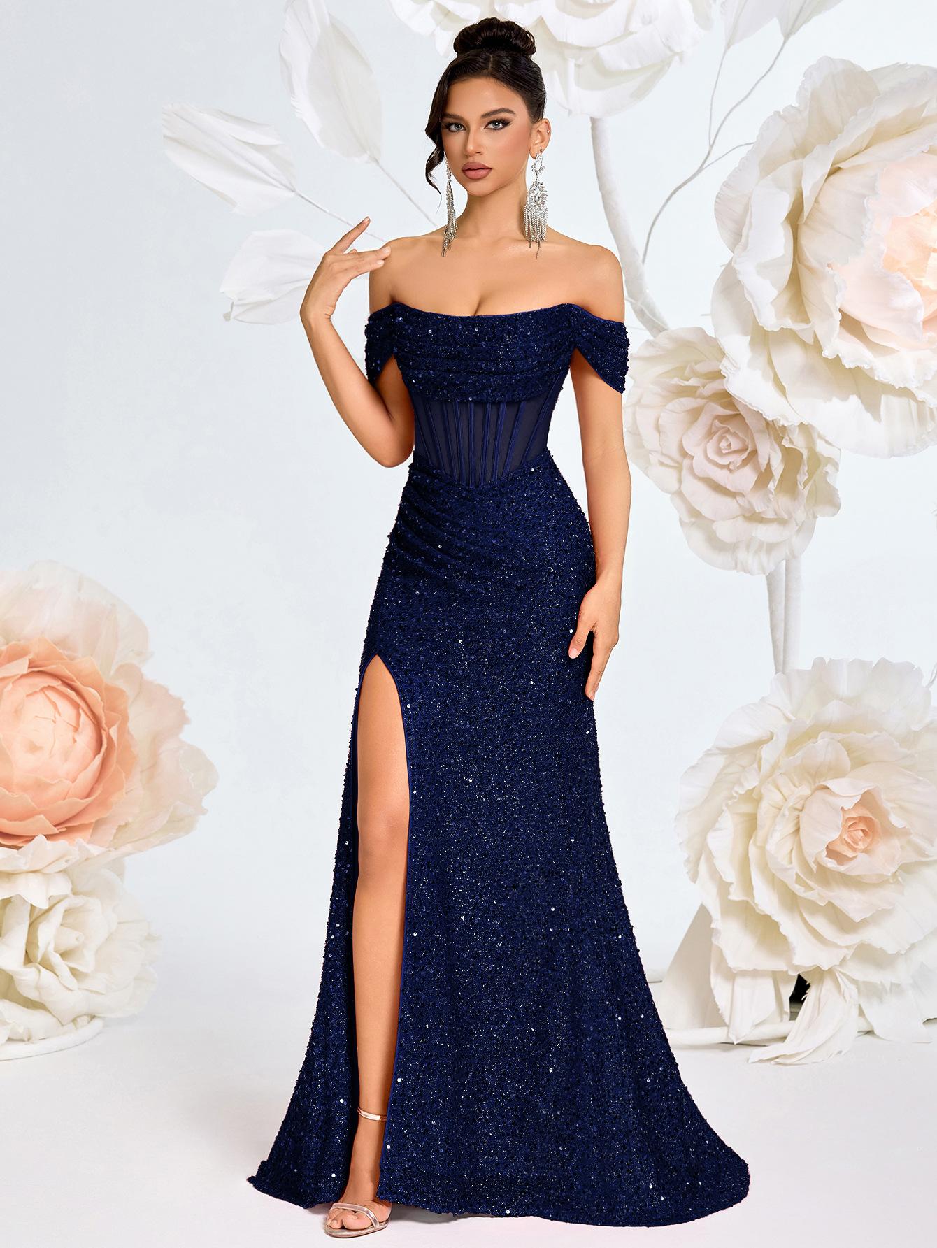 French off-the-shoulder pleated sequin dress, sexy fishbone waist high split tail host dinner dress XS тёмно-синий