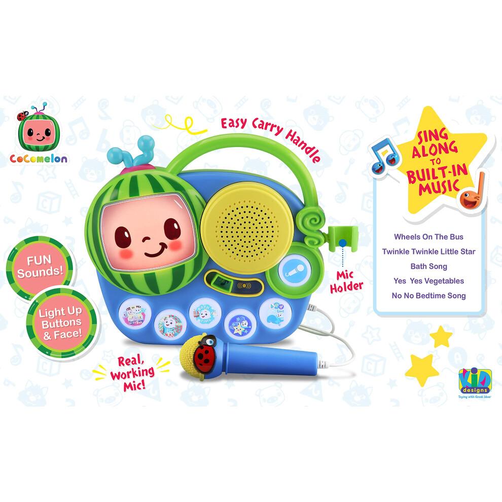 eKids Auxiliary Cocomelon Toy Singalong Boombox with Microphone for Toddlers Built-in Music and Flashing Lights Fans of Cocomelon Gifts