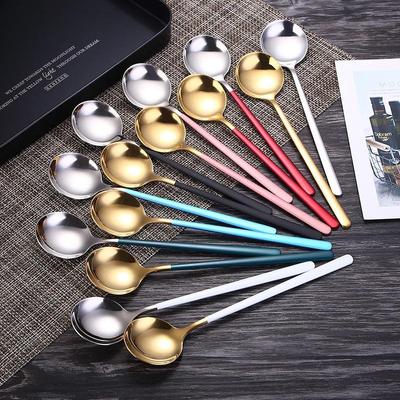 Korean Style Long Handle 304 Stainless Steel Soup Spoon Household Spoon Children Eating Cute Spoon Golden Round Spoon
