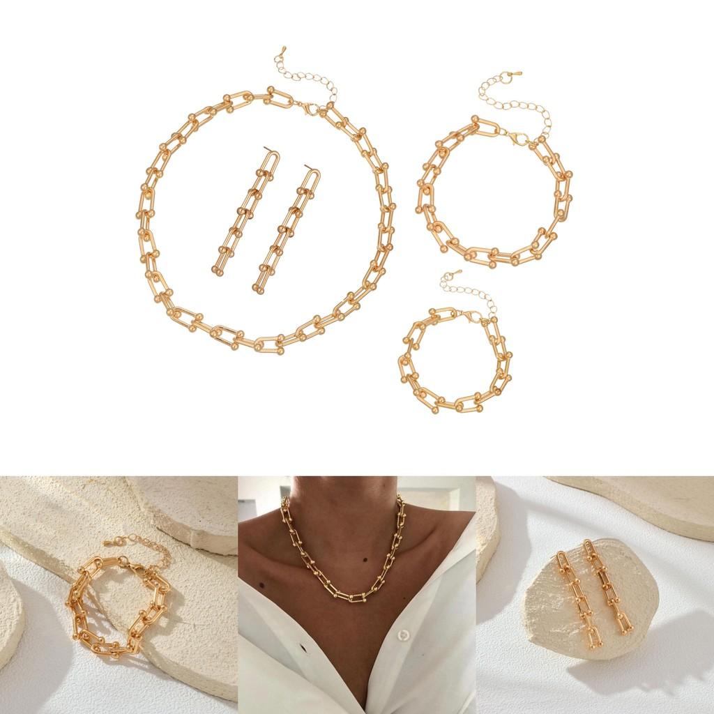 Contemporary Minimalist Horseshoe Buckle Chain Jewelry Set Bracelet Necklace Earrings
