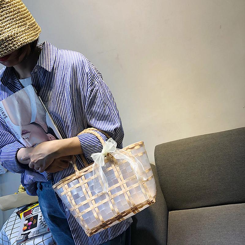 Summer Jelly Women Fashion Transparent Handbag Large Capacity Beach Bag Casual Woven Shopping Basket Tote MIT