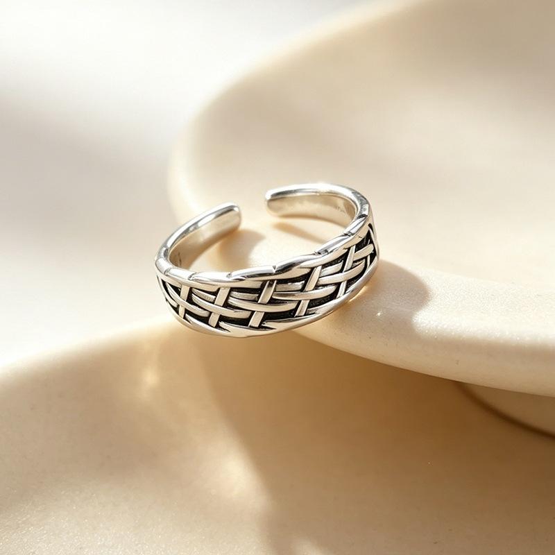 Retro Style 925 Sterling Silver Jewelry Distressed Wide Face Personalized Woven Chain Opening Rings 02890